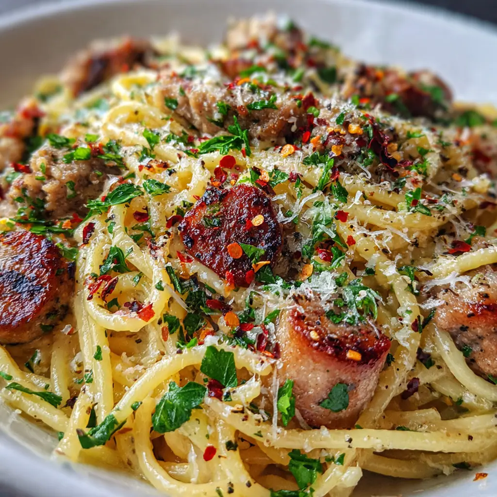 Close-up of a fork twirling penne pasta coated in a rich, cheesy sauce with pieces of sausage