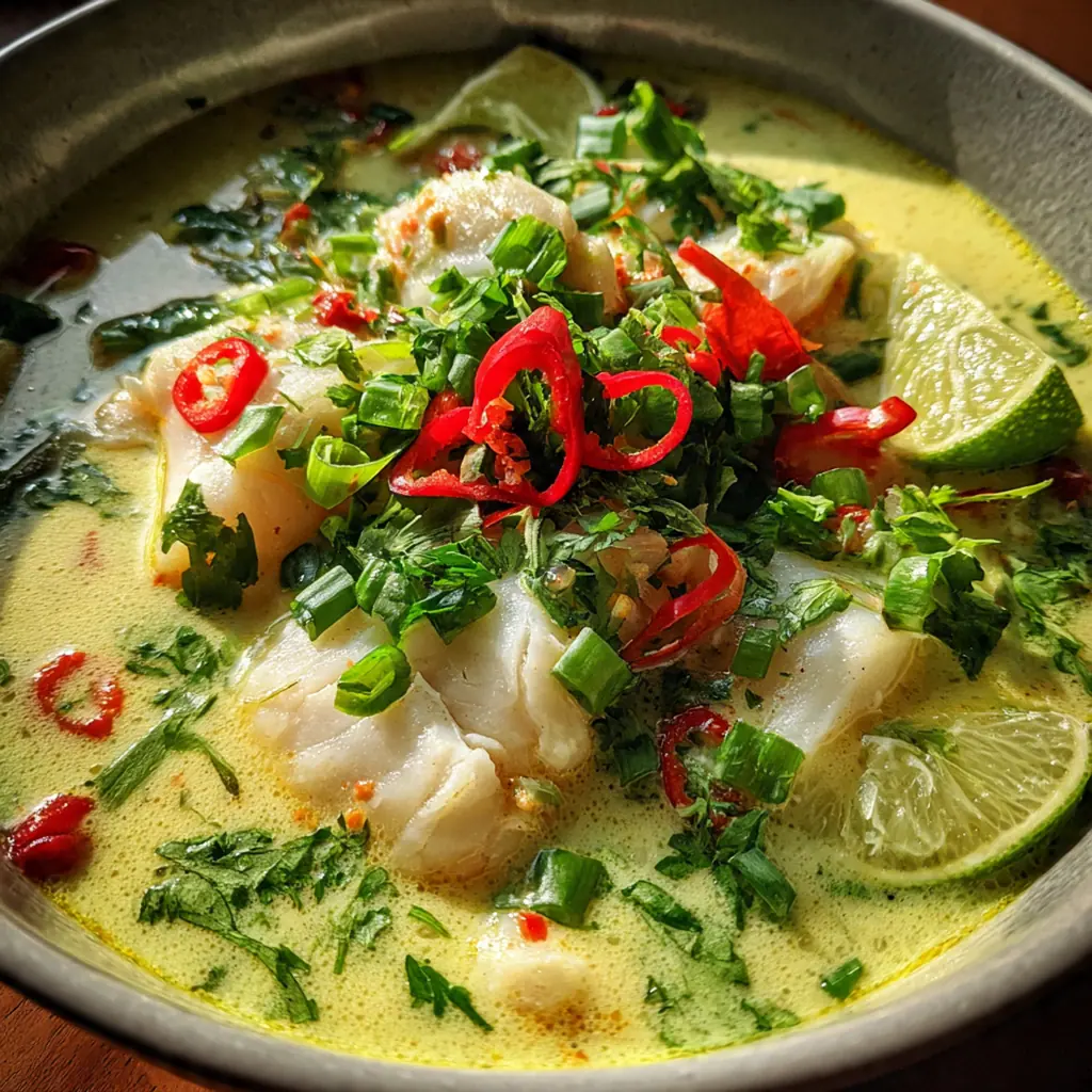 A pot of fresh coconut lime fish soup with a lime wedge on the side, ready to serve