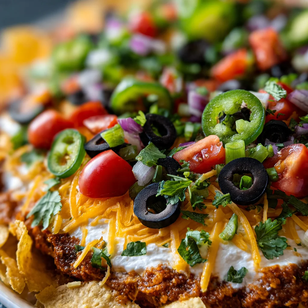 A festive party spread with the finished taco dip surrounded by colorful tortilla chips and lime wedges