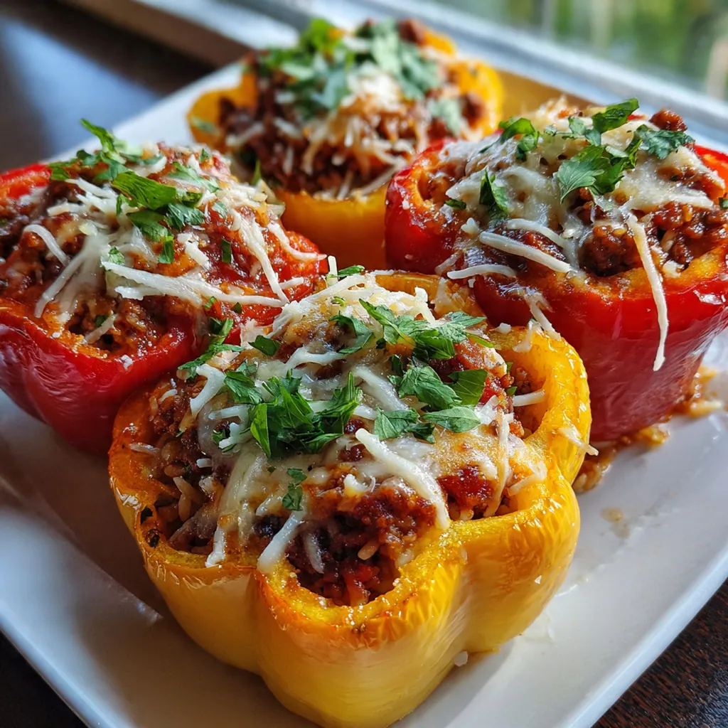 Fresh bell peppers stuffed with seasoned beef, rice, and tomato filling before baking
