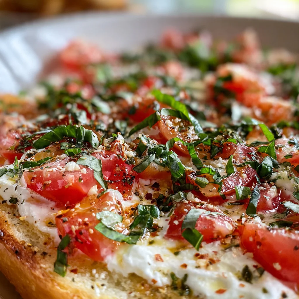 Close-up of a cracker scooping into the creamy tomato and basil dip