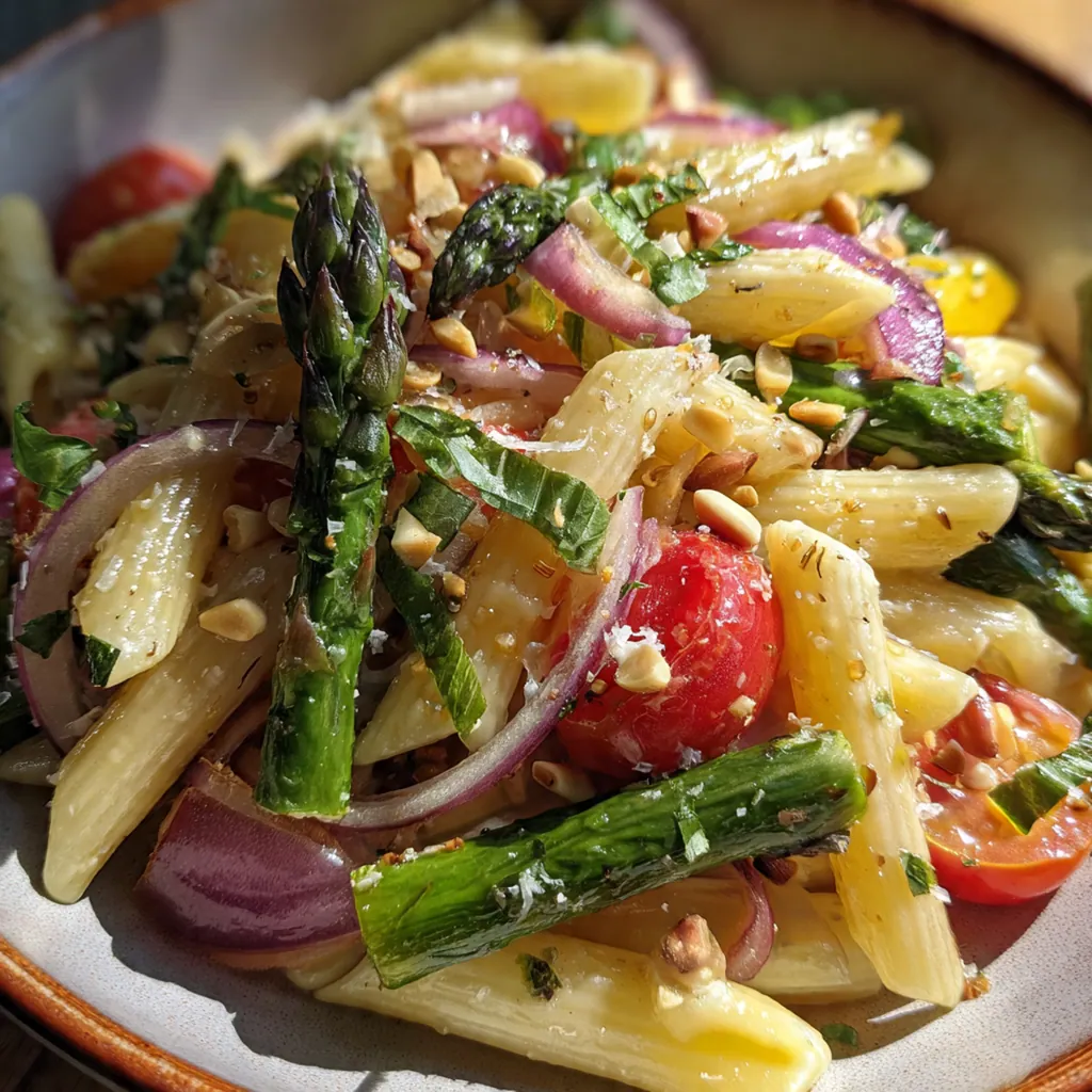 Spring asparagus pasta salad served with grilled chicken and a glass of white wine on the side