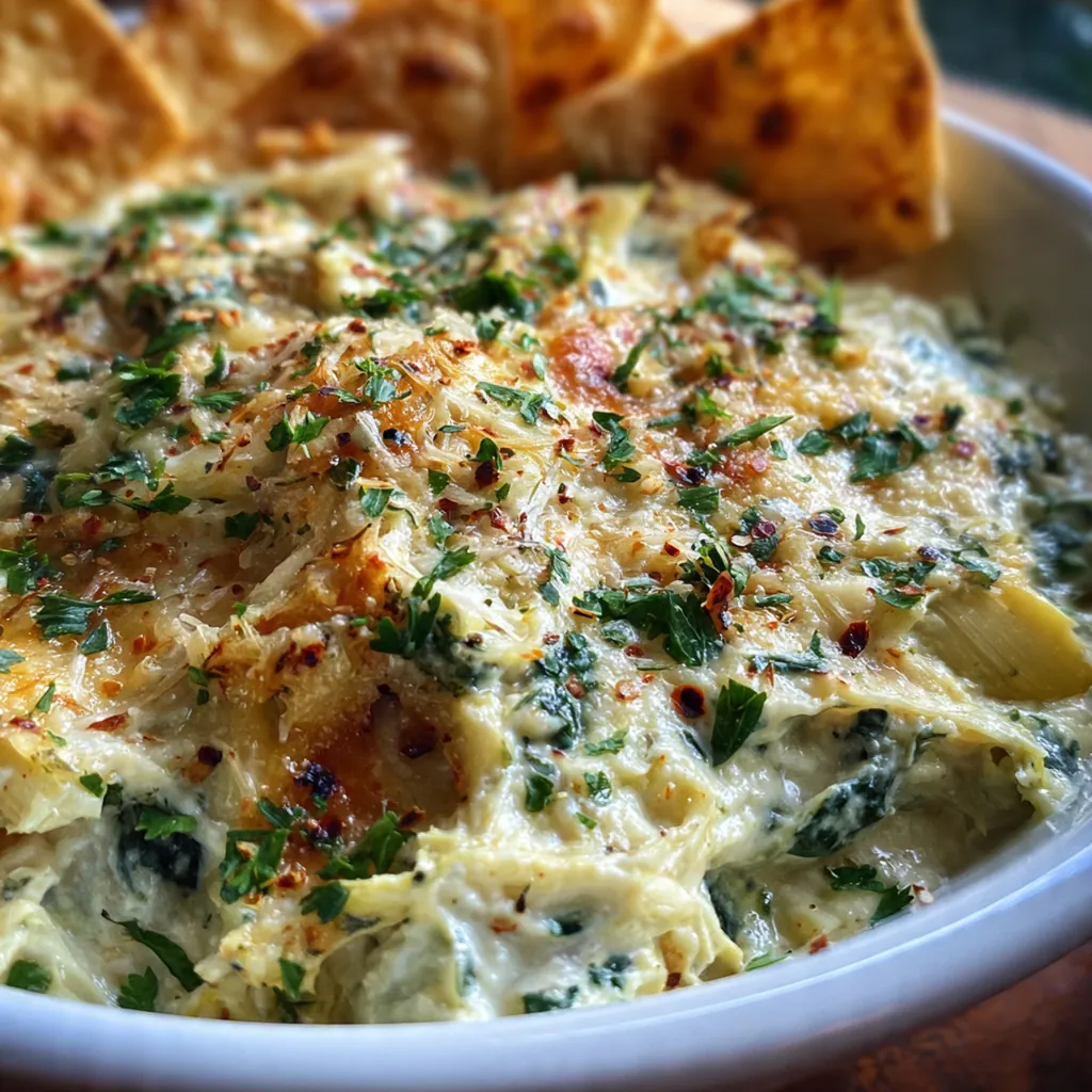 Close-up of a chip scooping into the dip showing the rich blend of spinach, artichokes, and melted cheese
