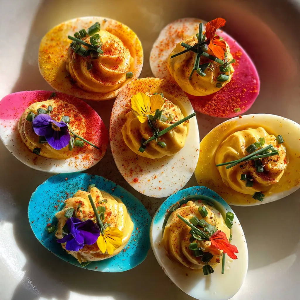 Close-up shot of creamy deviled egg filling inside bright yellow egg white halves