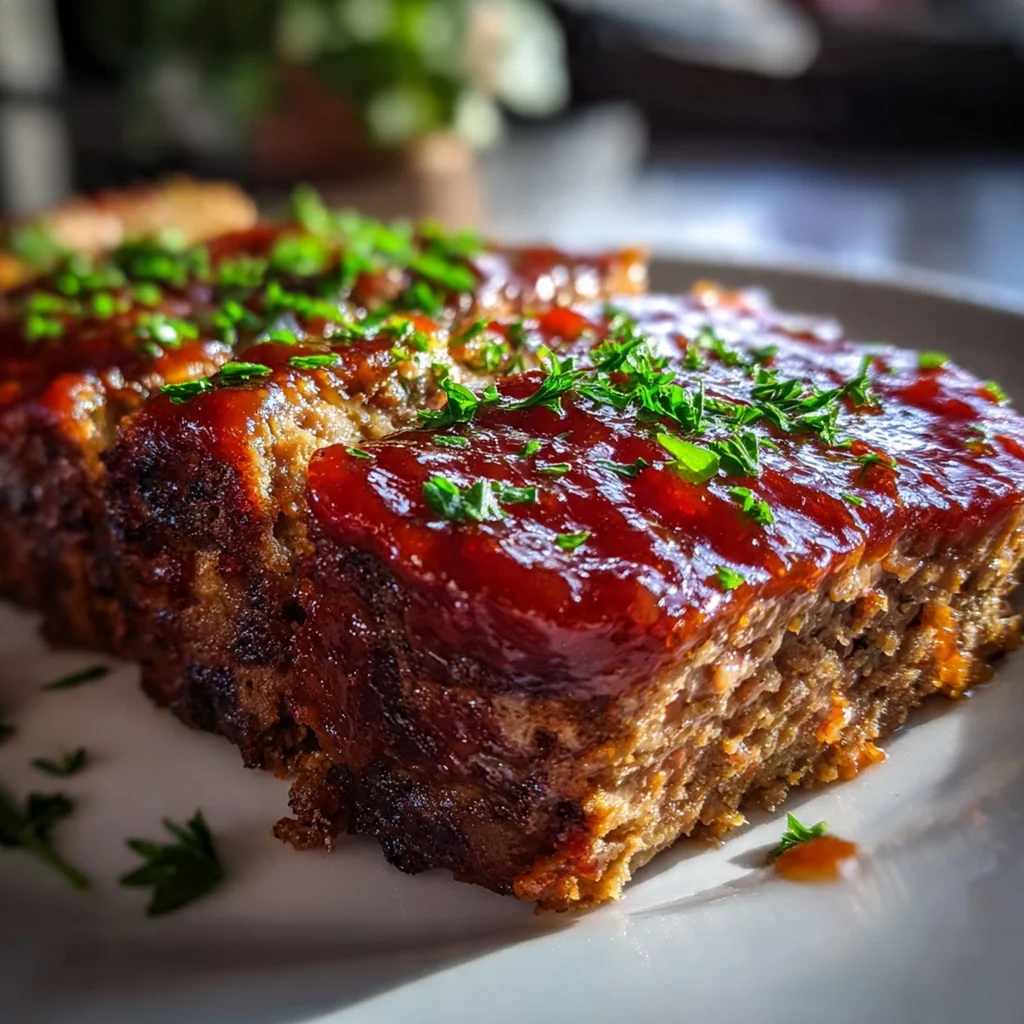 A dinner plate featuring a slice of glazed meatloaf next to creamy mashed potatoes and green beans, with extra sauce on the side