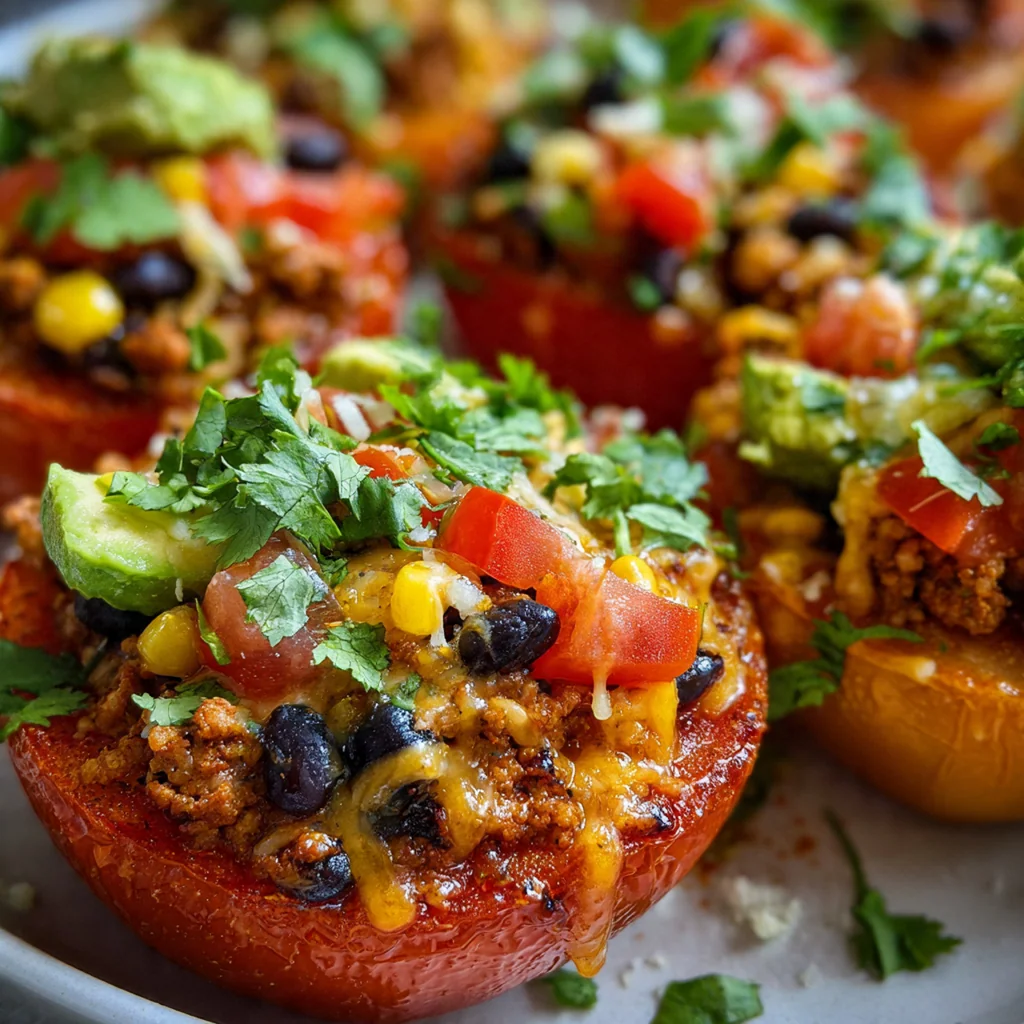 Close-up of a single baked taco stuffed tomato with melted cheese, diced avocado, and a dollop of sour cream