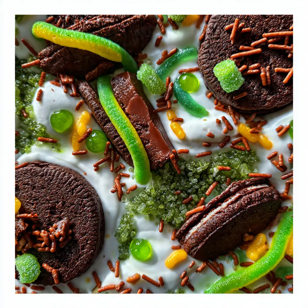 Close-up of Easter Dirt Cake Dessert showing gummy worms peeking out from cookie crumbs and pastel M&Ms scattered throughout