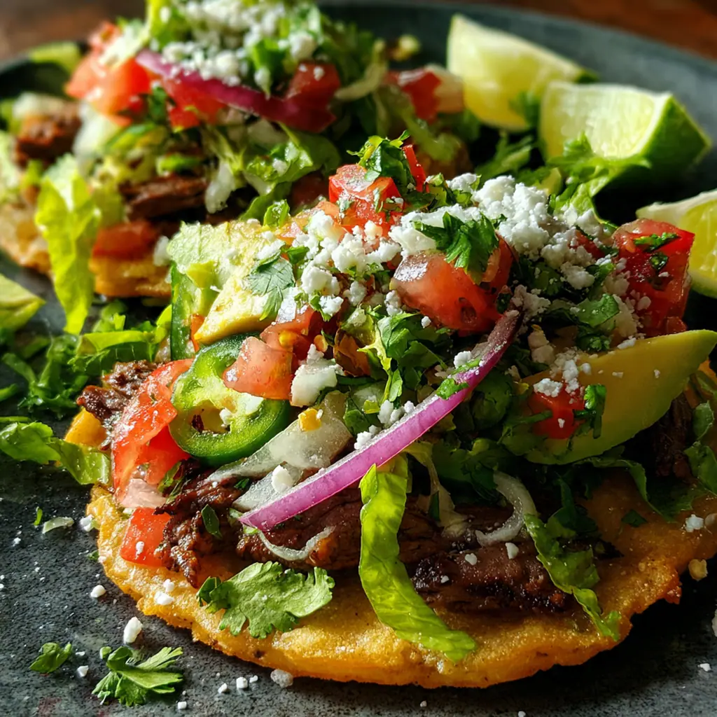 Close-up of a single crispy tostada piled high with refried beans, sliced steak, lettuce, and queso fresco