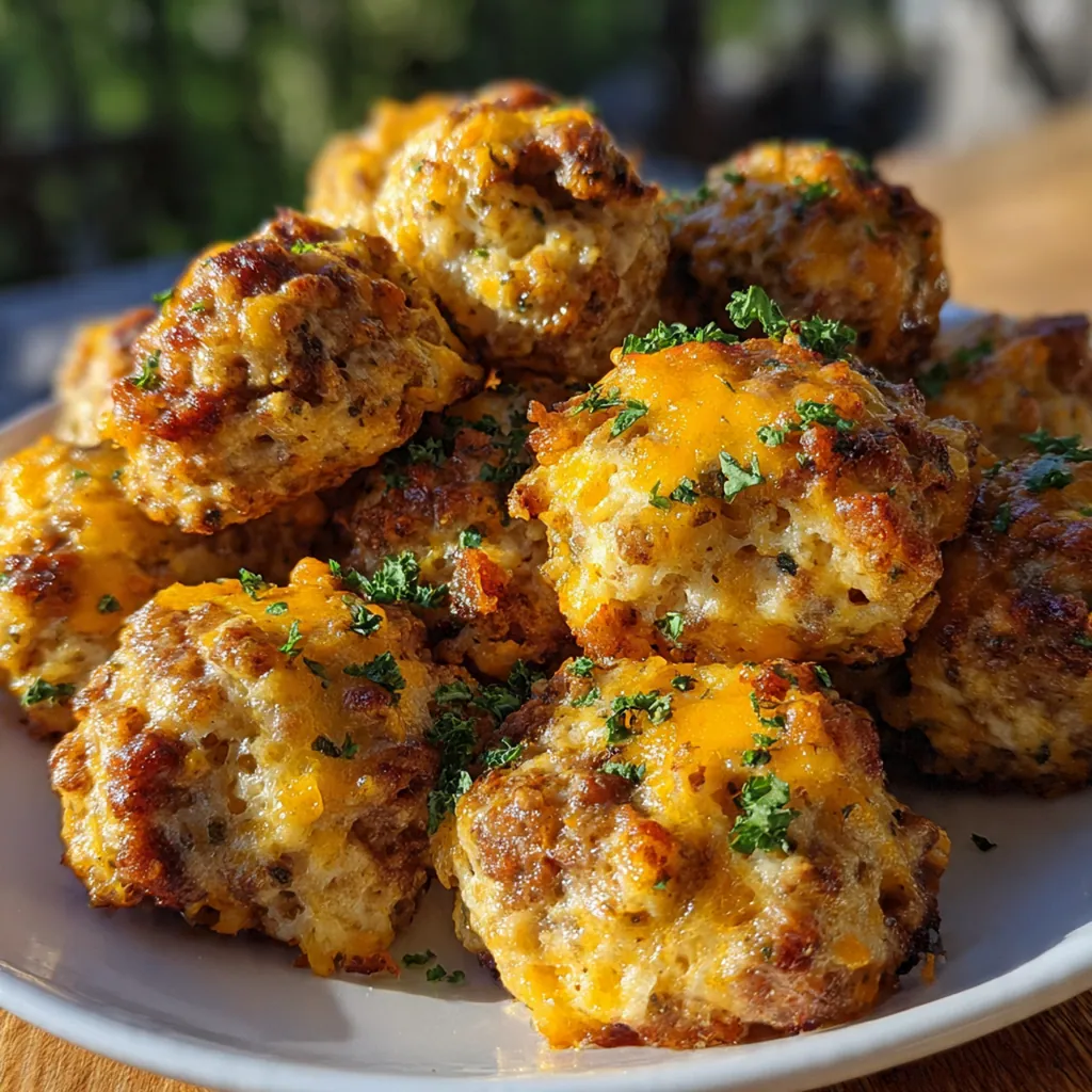 A close-up shot of a Bisquick sausage ball being dipped into sweet chili sauce.