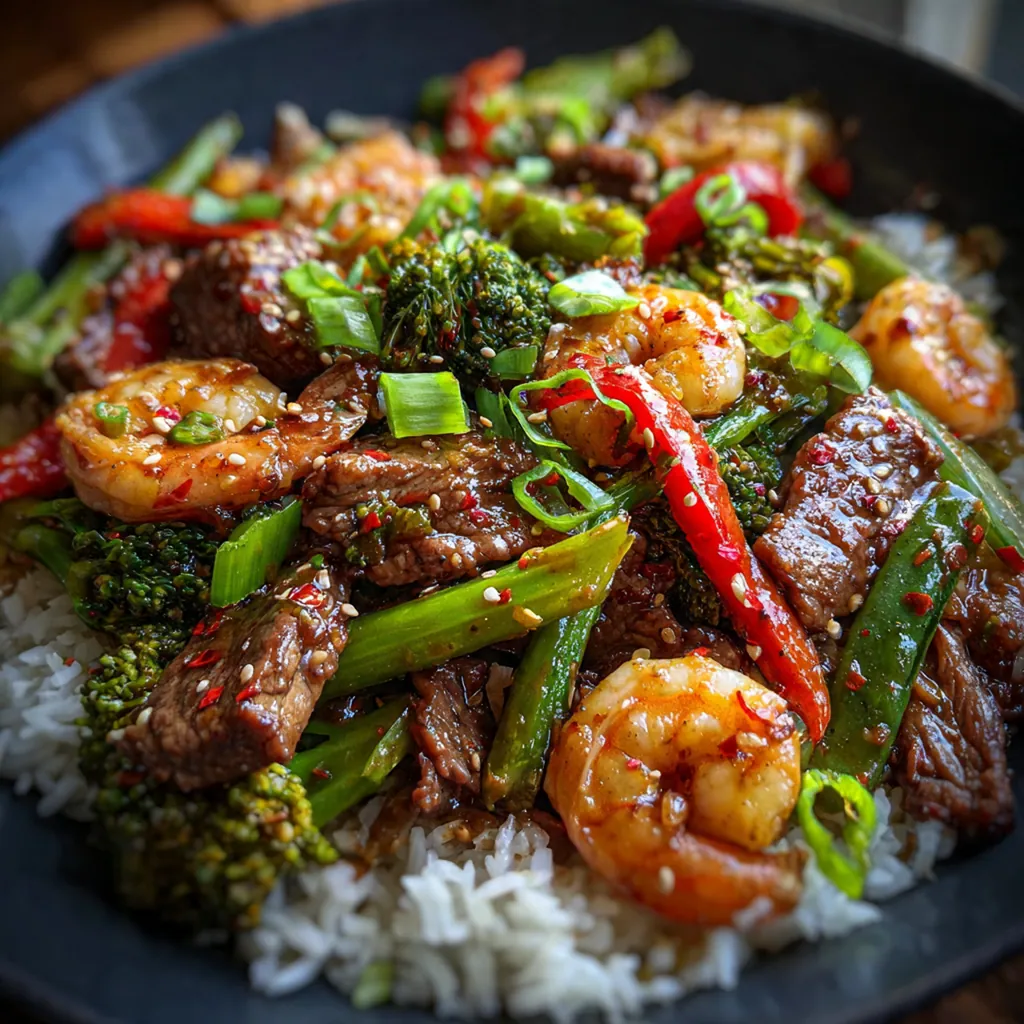 A serving of hoisin beef shrimp veggies stir-fry over steamed jasmine rice with green onion garnish