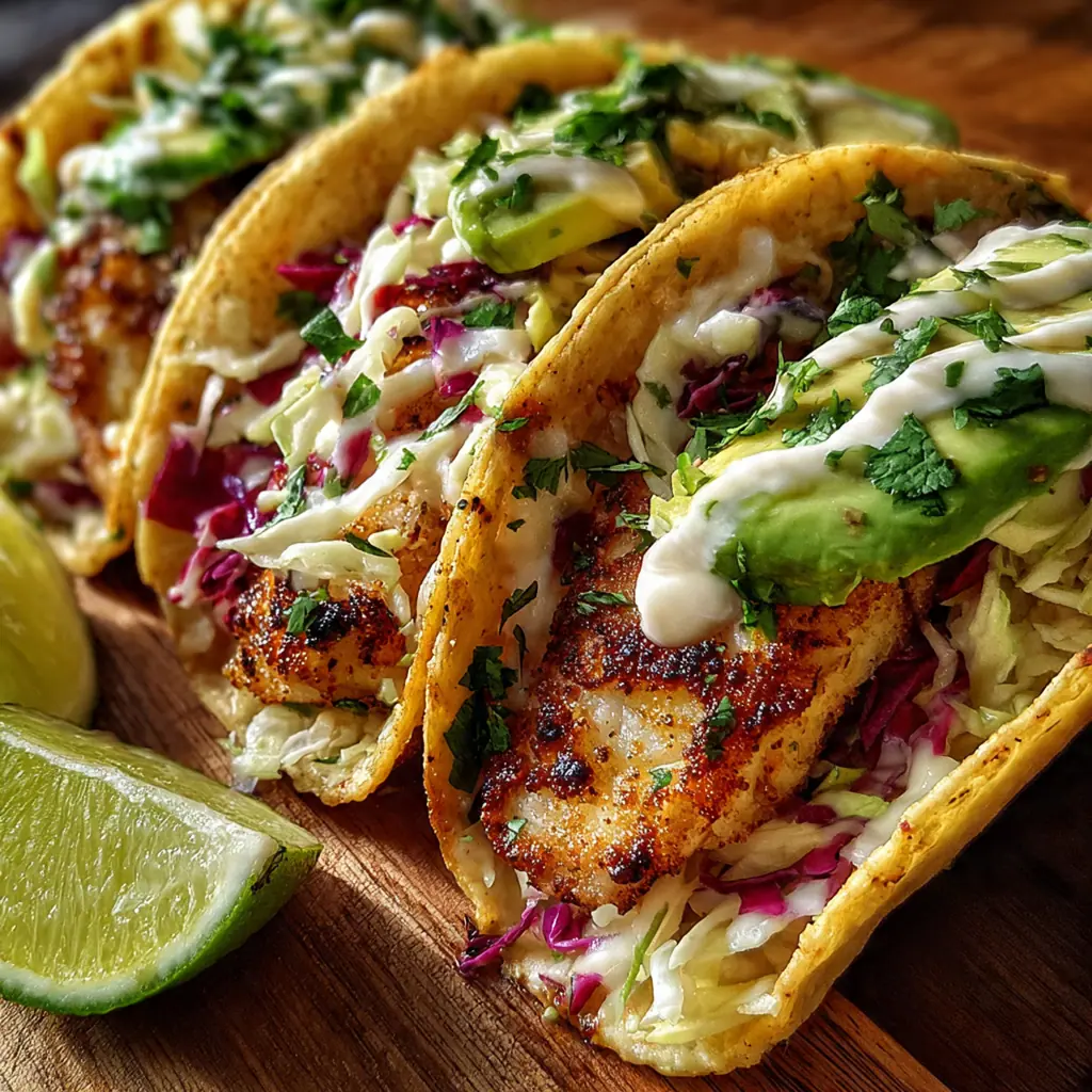 Close-up of a crispy Baja fish taco drizzled with creamy Mexican crema and lime wedges.