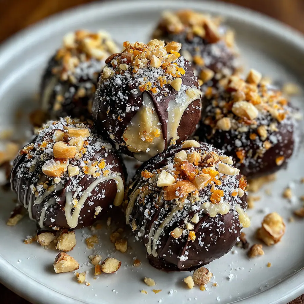 A rustic wooden board filled with assorted truffles rolled in nuts, pretzels, and cocoa powder