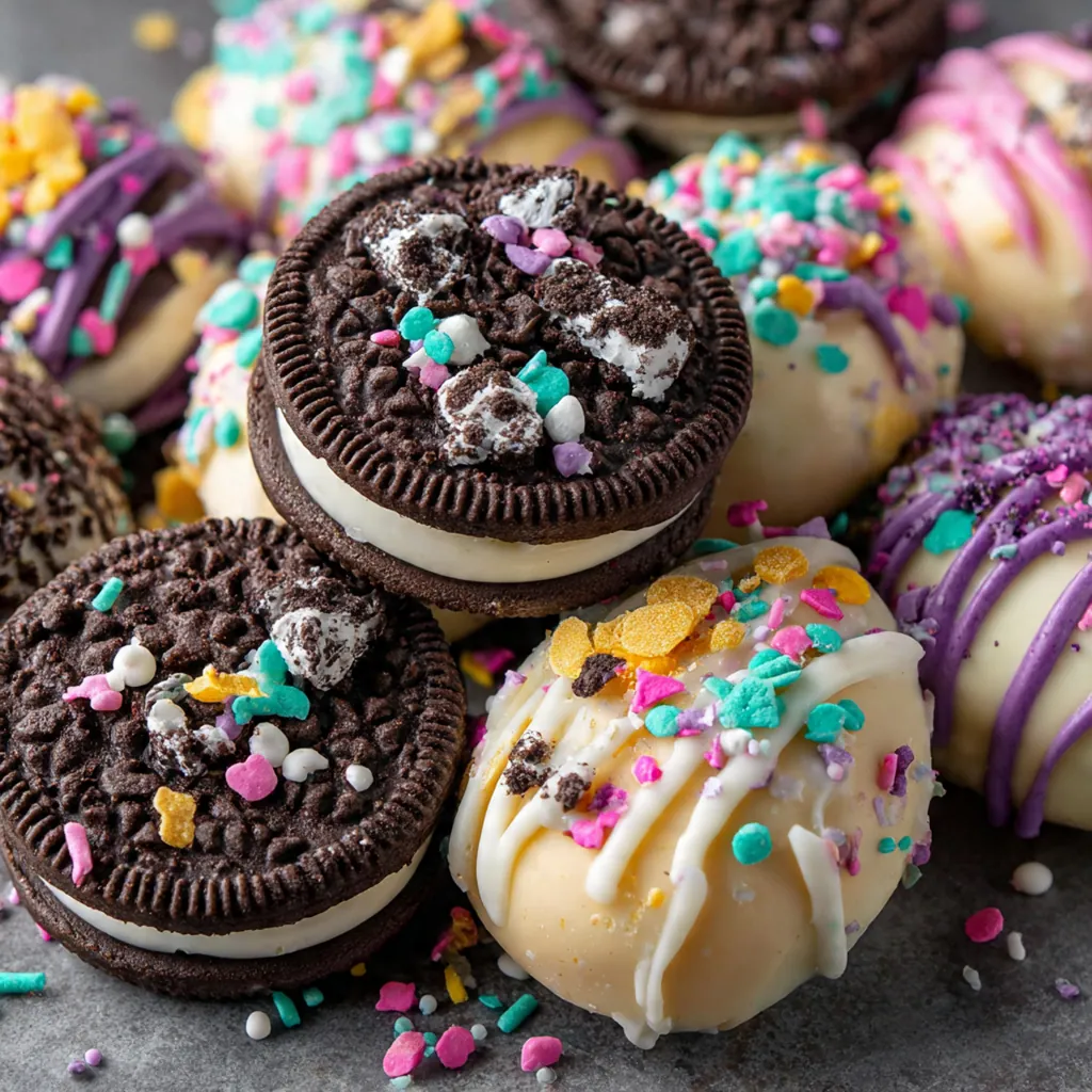 A decorative platter of assorted Easter Oreo Egg Truffles with drizzles of pink and blue candy melts.