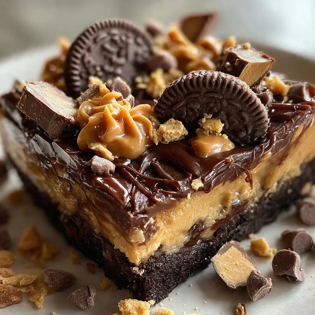 Close-up of the marbled chocolate and peanut butter layers with chopped Reese's cups and chocolate chips