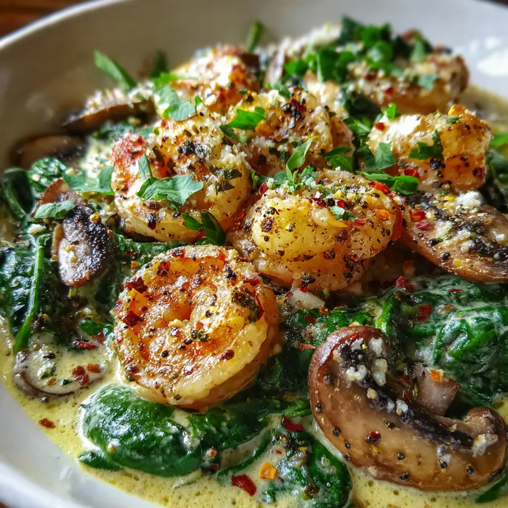 A served plate of creamy shrimp and spinach with a lemon wedge and sprinkle of fresh parsley