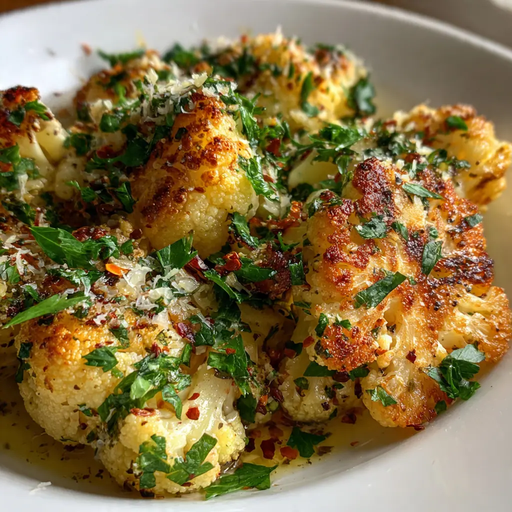 A beautiful platter with the entire roasted cauliflower, garnished with chopped parsley and a drizzle of olive oil, ready for the dinner table