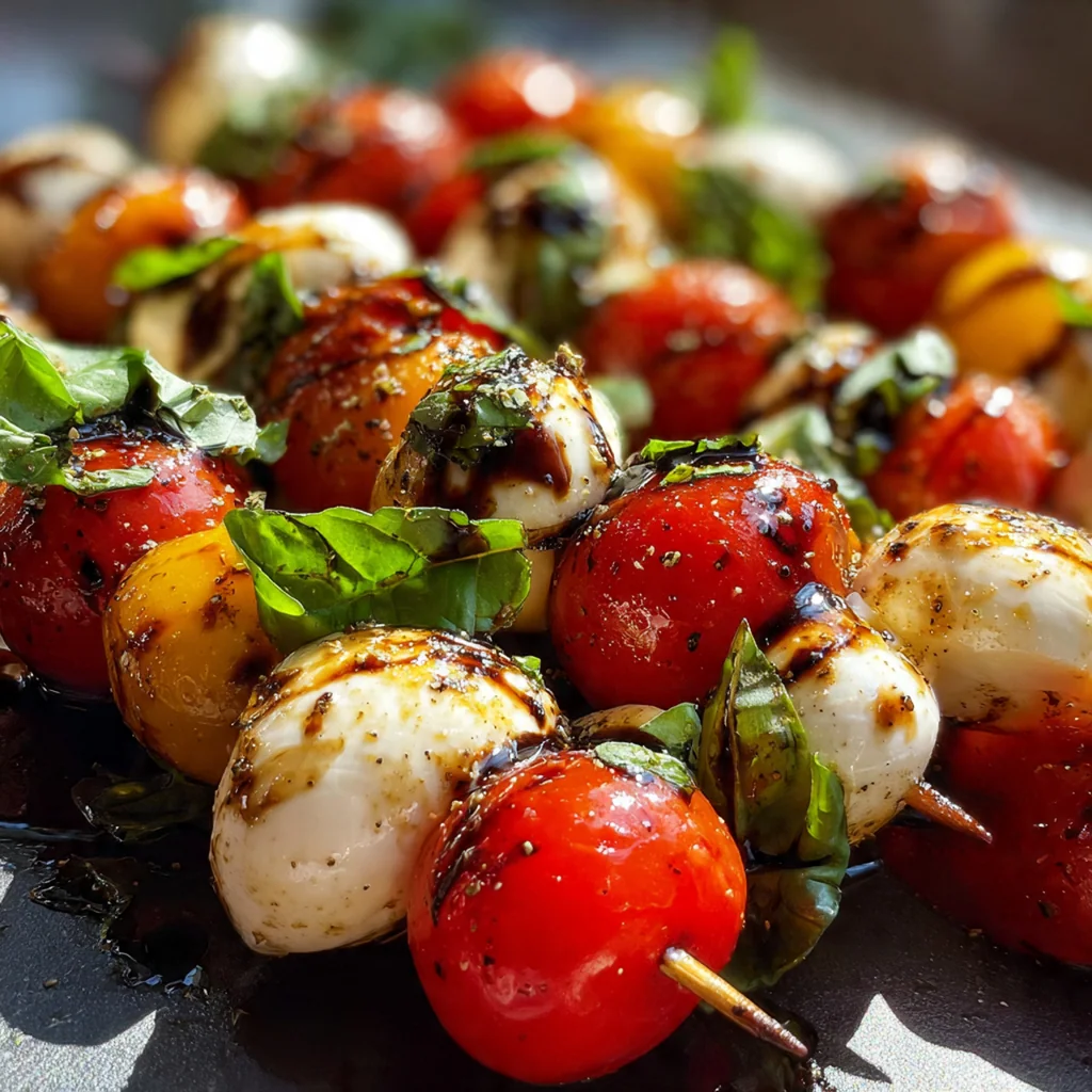 Close-up of a single skewer showing a juicy tomato, fresh basil, and creamy mozzarella ball