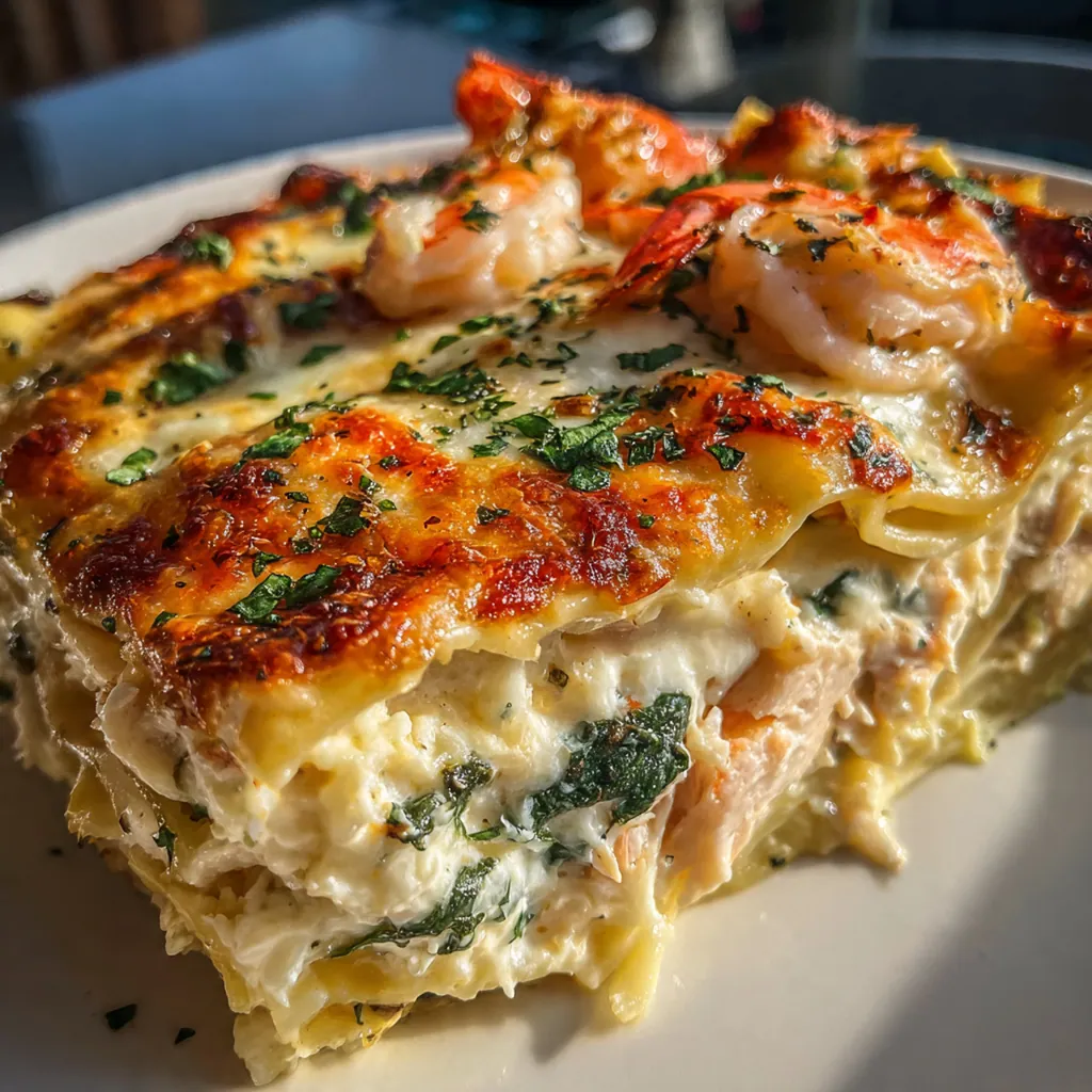 Close-up of a creamy cheese sauce being poured over tender pink shrimp and white scallops in a skillet