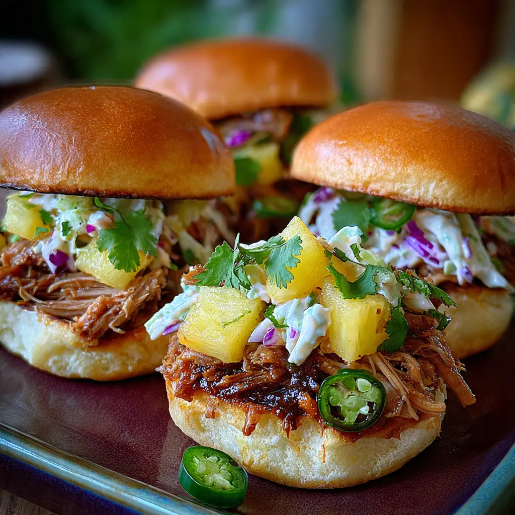 Close-up of a single slider showing melted provolone cheese and shredded pork on a sweet roll