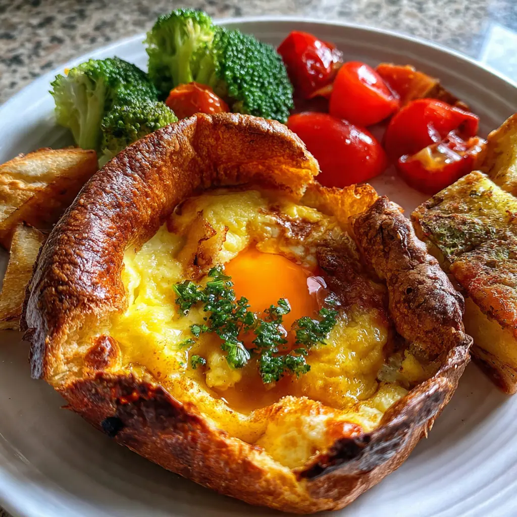 A classic Sunday roast dinner plate featuring Yorkshire puddings, roast beef, vegetables, and rich gravy