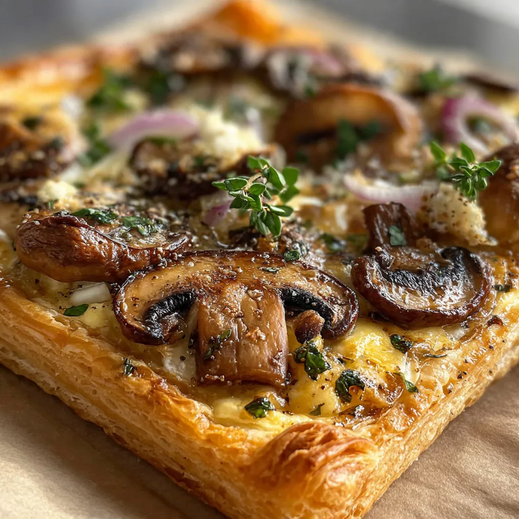 Close-up of cremini mushrooms and aged Gouda nestled in a flaky puff pastry tart