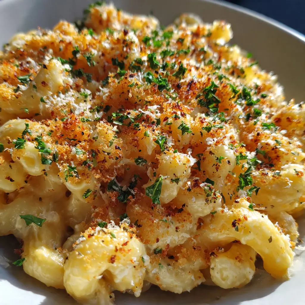 A full baking dish of five cheese mac and cheese served family-style with a green salad