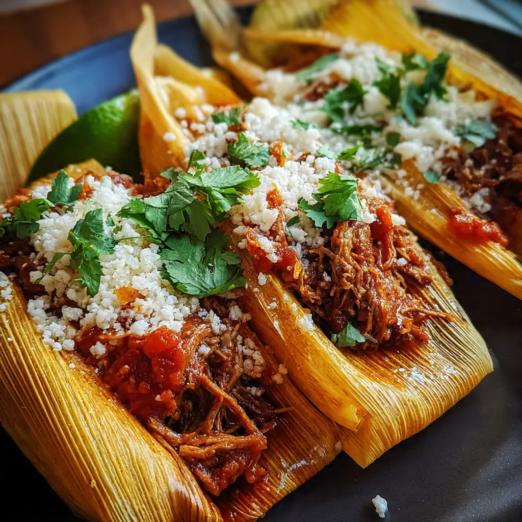 A rustic bowl of beef tamales chili masa garnished with fresh cilantro, lime, and a dollop of sour cream