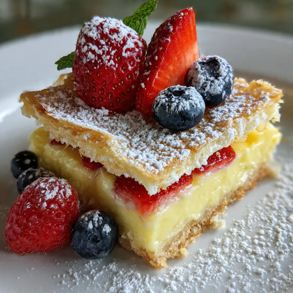 A rustic dessert table with a whole tray of vanilla custard squares garnished with fresh raspberries