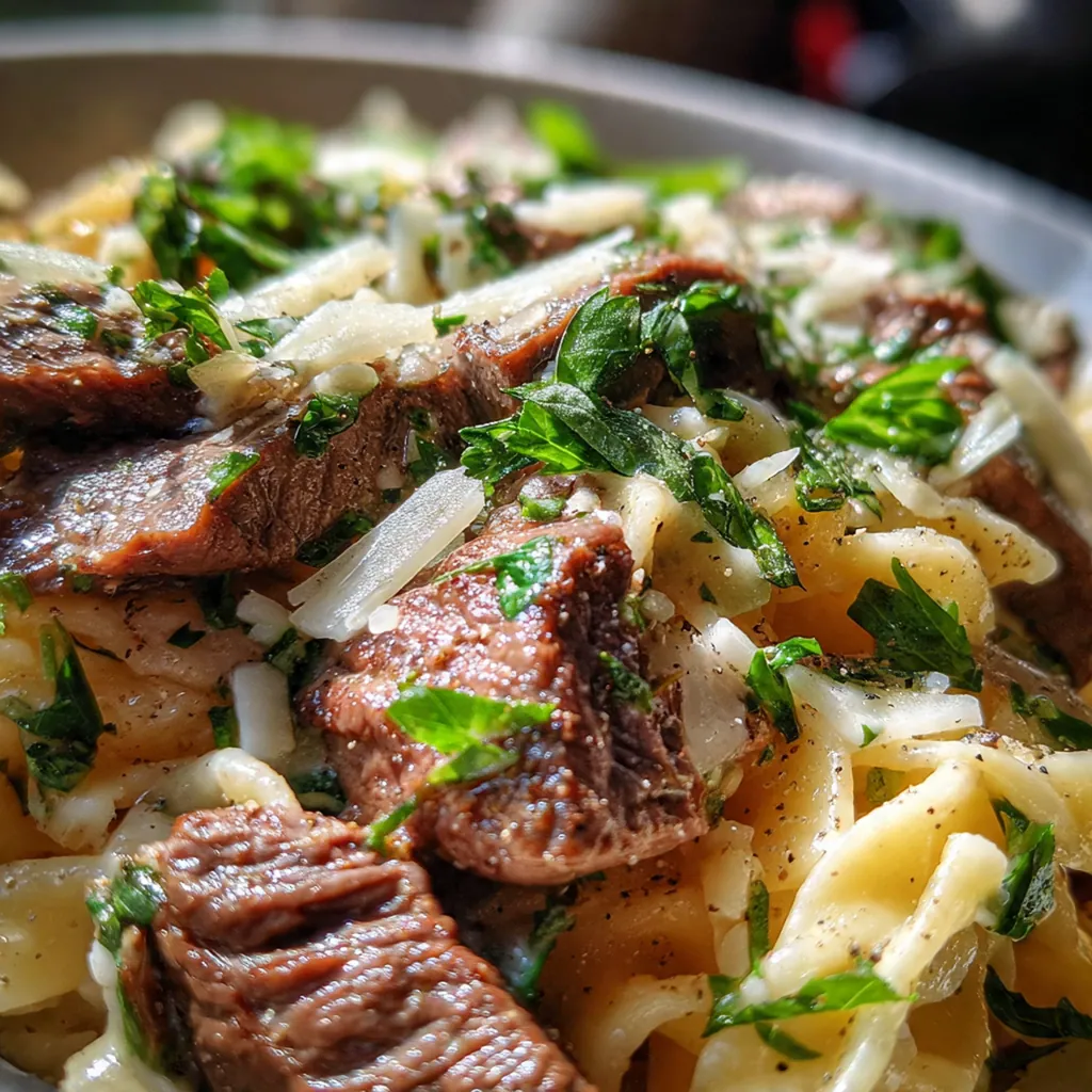 Close-up of ground beef simmering in rich garlic cream sauce with penne pasta
