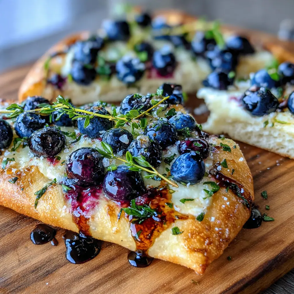 Close-up of a slice of blueberry brie flatbread with toasted walnuts and a drizzle of honey.