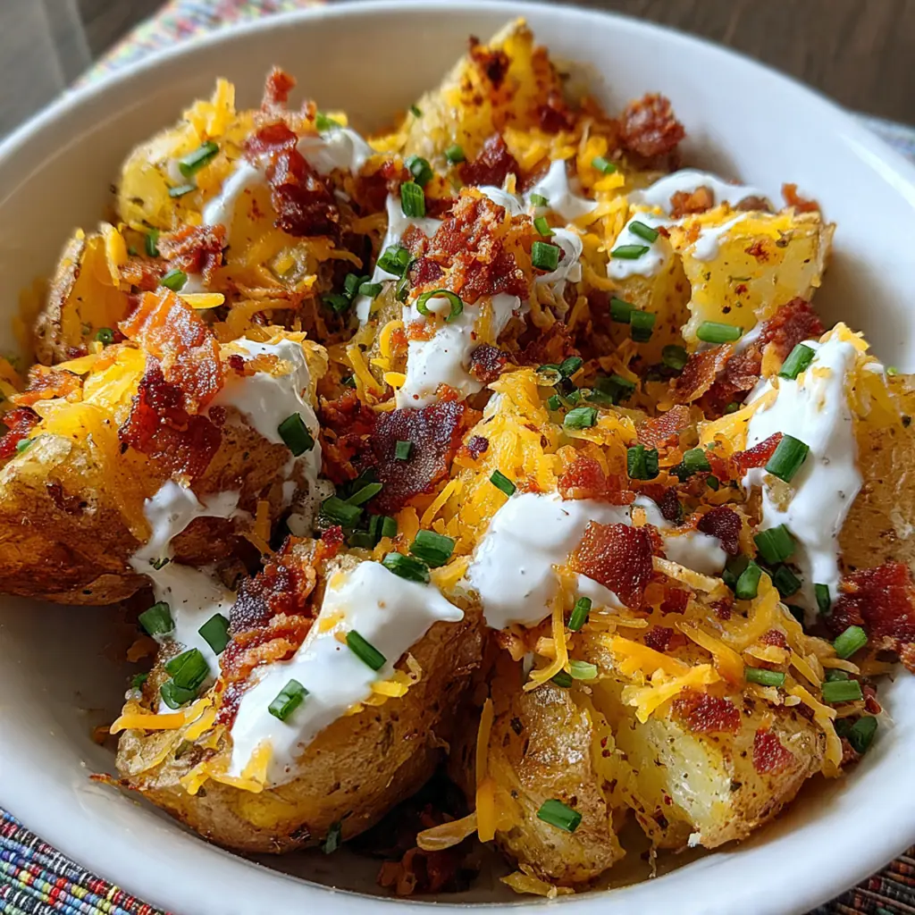 A hearty dinner plate of baked potato steak bites served with a dollop of sour cream and a side salad