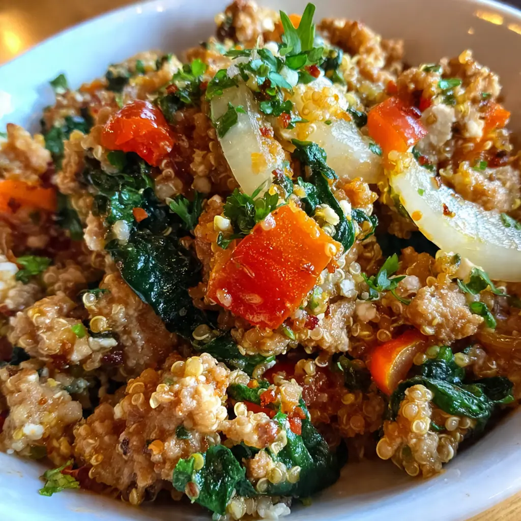Overhead shot of a colorful bowl of turkey quinoa next to a lemon wedge and a simple green salad