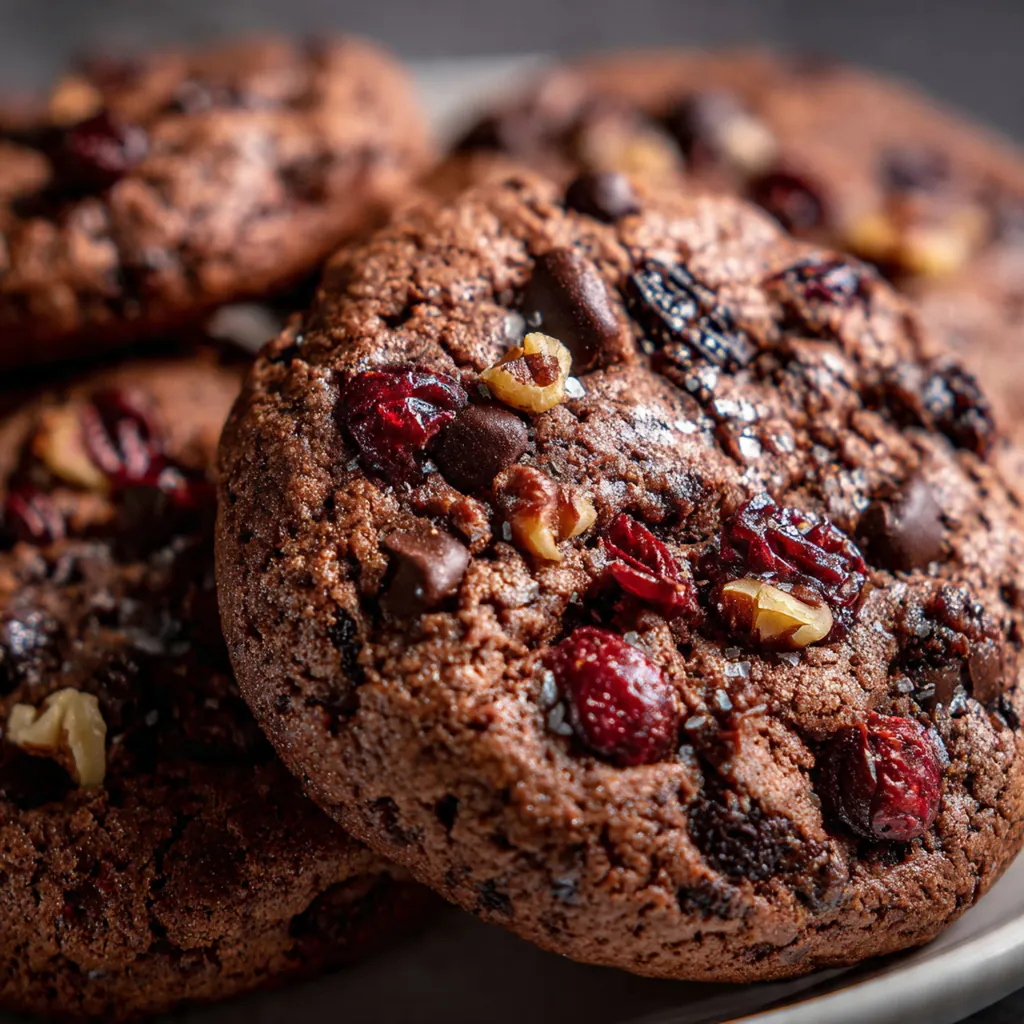 A stack of cherry chocolate cookies with milk and dried cherries scattered around