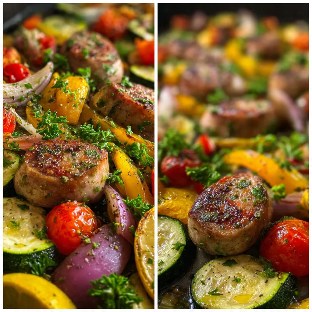 A colorful plated serving of chicken sausage and vegetables garnished with fresh parsley