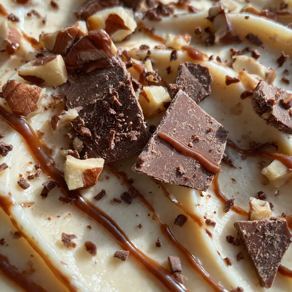 Close-up shot showing the creamy chocolate fudge base and smooth white chocolate truffle topping