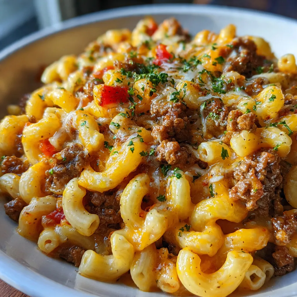 Close-up of a spoon lifting a cheesy, saucy bite with tender elbow macaroni and colorful peppers.