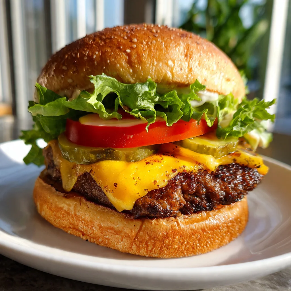 A plated smoked Cajun burger with lettuce, tomato, and red onion alongside crispy seasoned fries