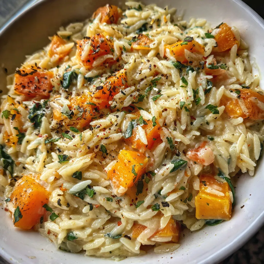 A beautiful bowl of the Italian-American orzo dish garnished with parsley and a lemon wedge, ready to serve