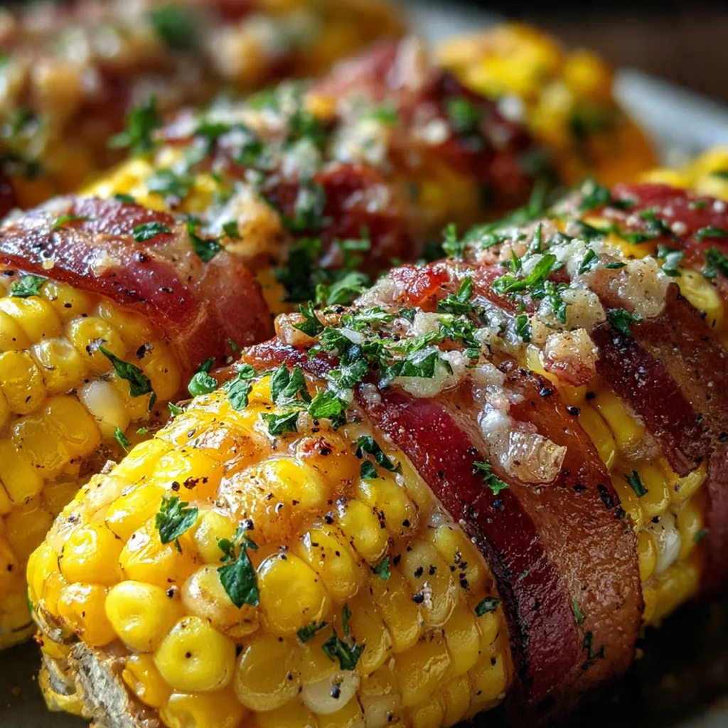 Close up of fresh corn kernels, crispy bacon, and creamy sauce in a white serving bowl