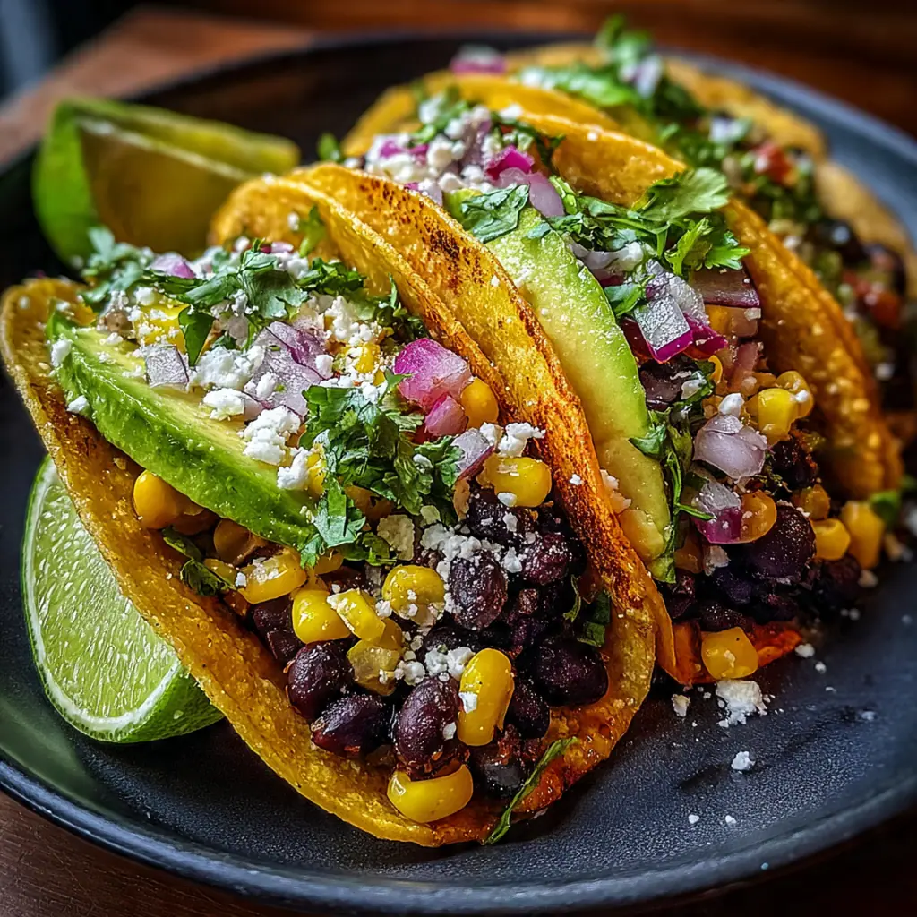 Fresh ingredients for crispy tacos including black beans, lime wedges, cilantro and warm corn tortillas
