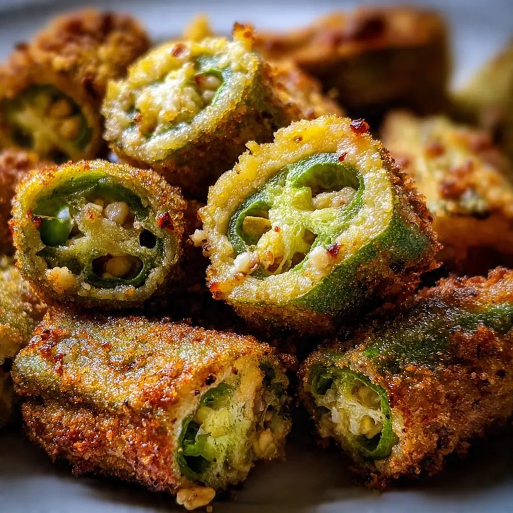 A hand placing a crispy stuffed okra pod into a bowl of creamy white dipping sauce with fresh herbs sprinkled on top.