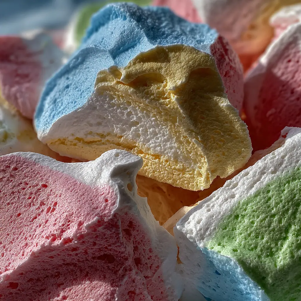 Assorted fruit-flavored meringue cookies arranged on a white plate ready for a party
