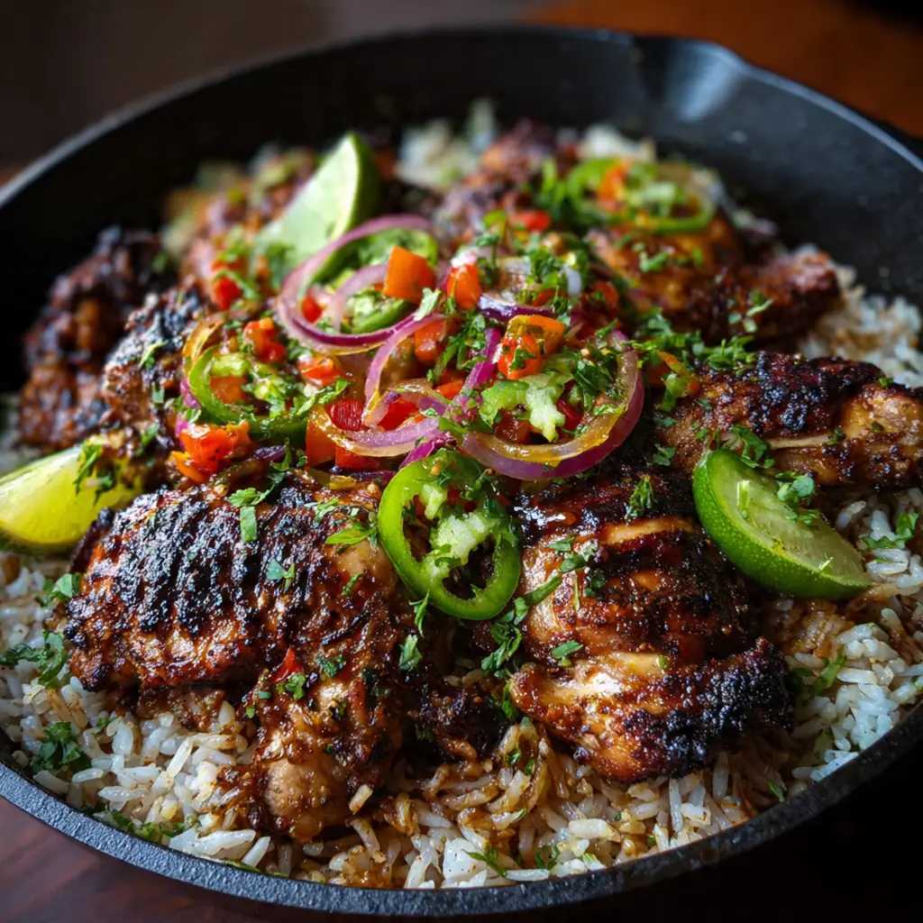 Close-up of tender jerk chicken pieces mixed with fluffy jasmine rice and fresh cilantro garnish