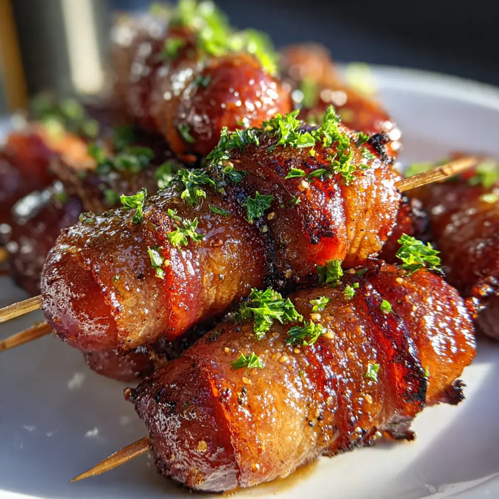 Festive presentation of bacon wrapped smokies arranged in a pineapple for a party centerpiece