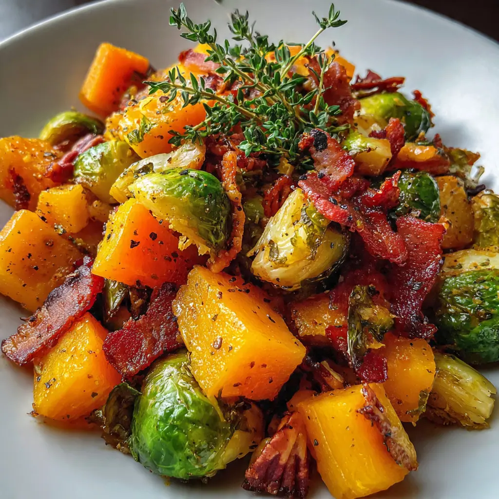 A rustic serving bowl filled with the finished dish, garnished with fresh thyme and toasted pecans