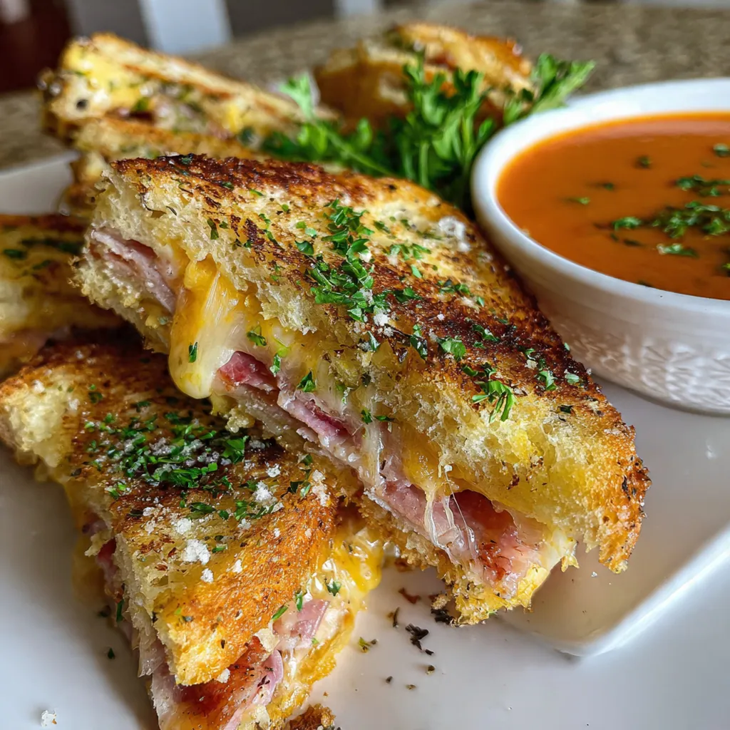 Close-up of a crispy Bacon Grilled Cheese Finger being dipped into a bowl of warm marinara sauce