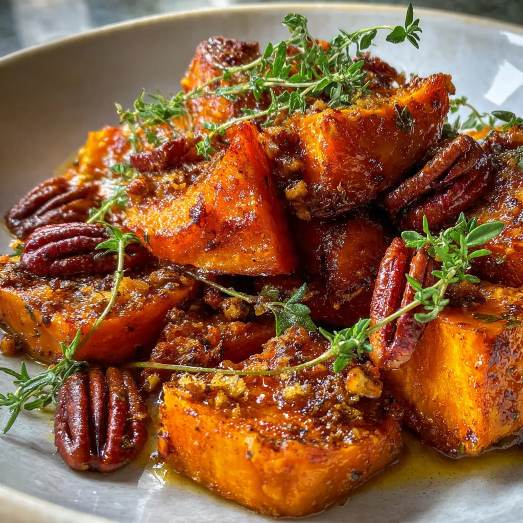 Close-up of a fork spearing a tender, glazed sweet potato cube with sticky edges