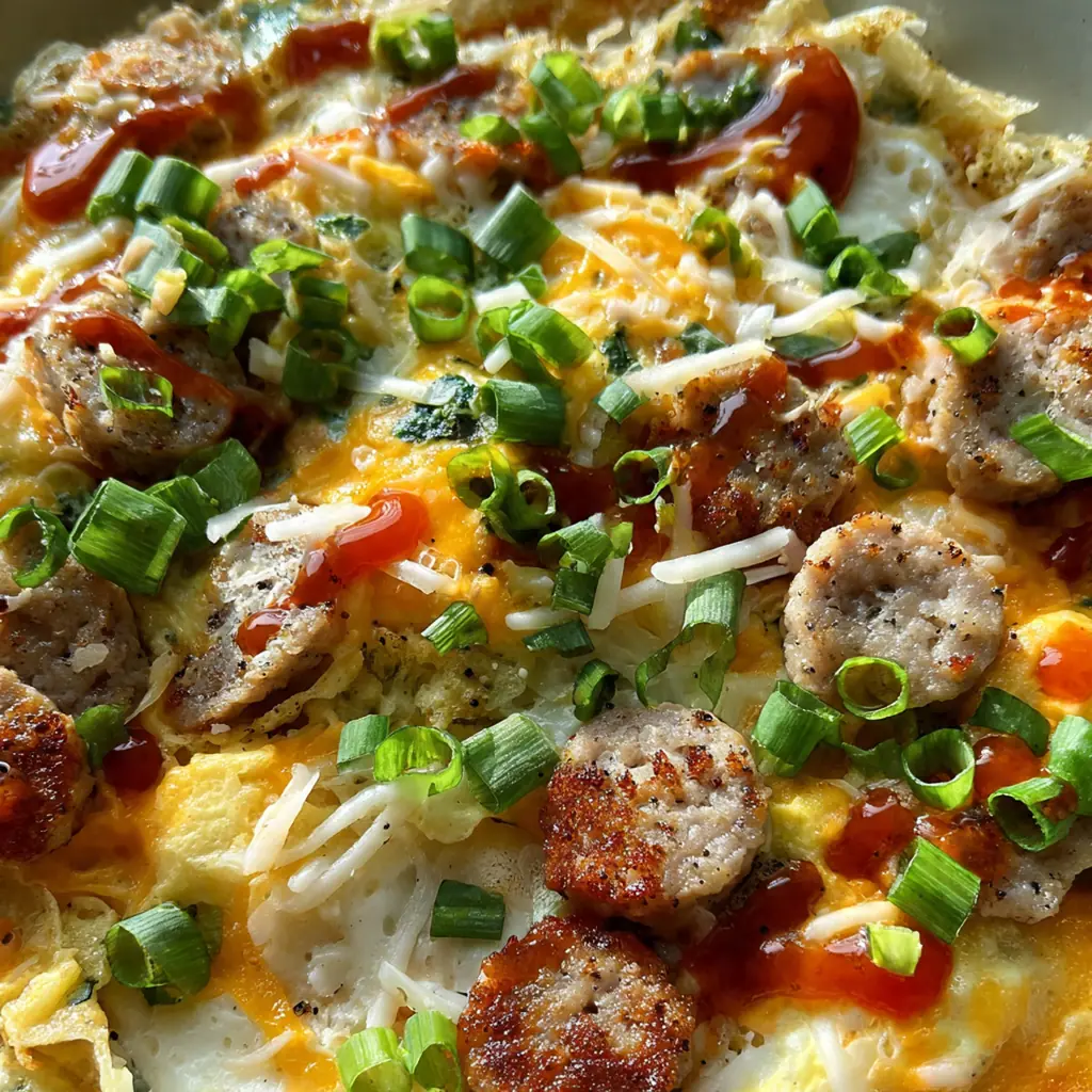 Close-up of a fluffy square of pancake bake with visible savory sausage crumbles and a drizzle of maple syrup