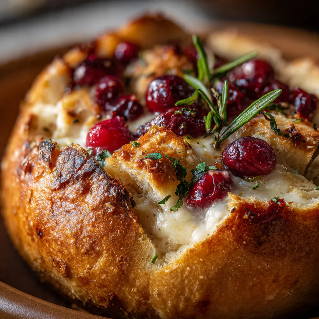 An overhead shot of the baked brie bread bowl surrounded by apple slices and toasted bread cubes for dipping