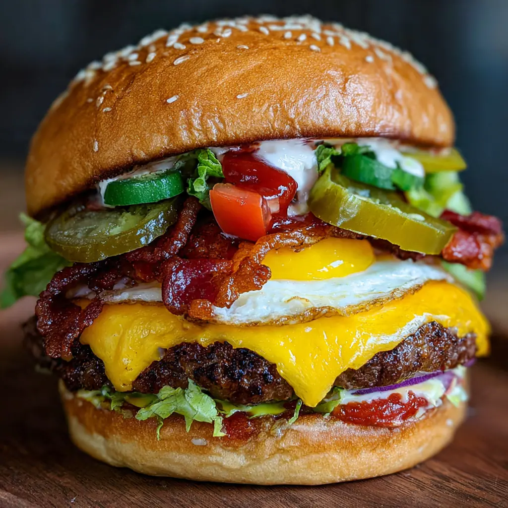 All ingredients for the hangover burger laid out neatly including fresh jalapenos, ground beef, and brioche buns